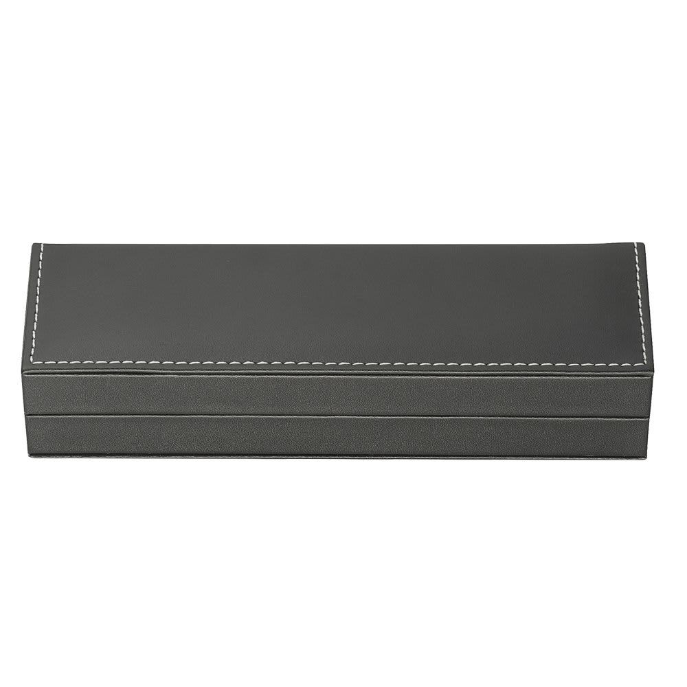 A single pen box in grey with white stitching, featuring a sleek, rectangular design and a subtle logo.