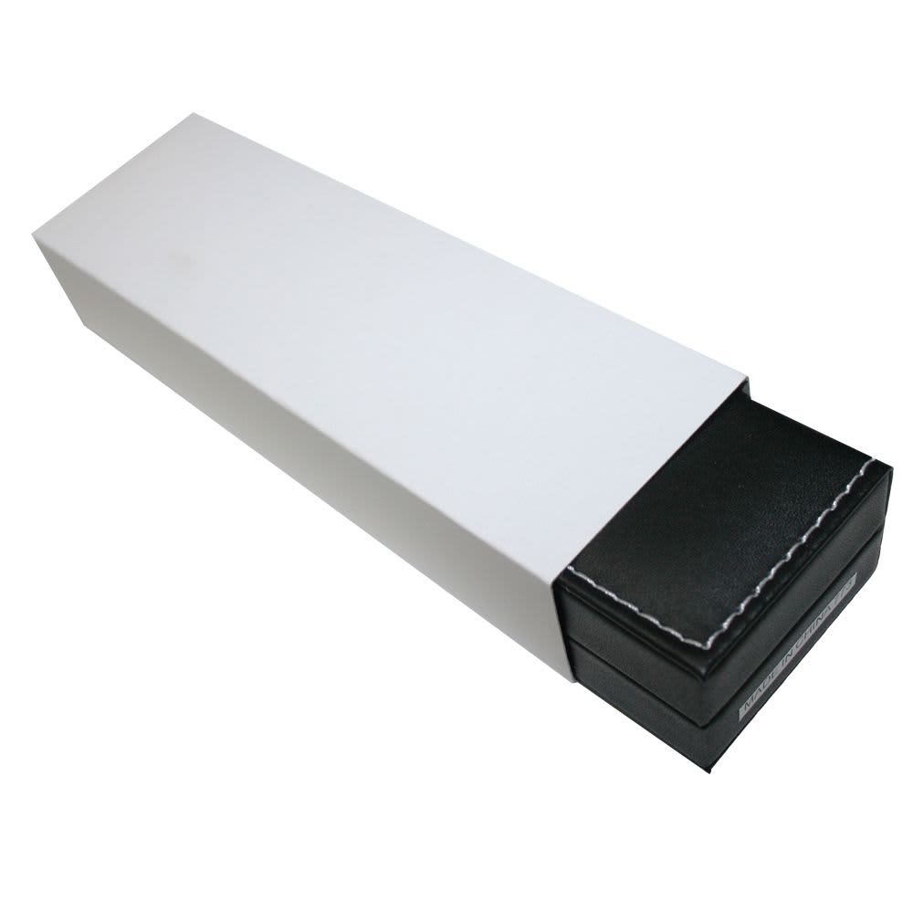 A black pen box inside a white packaging sleeve, featuring stitching details on the lid.