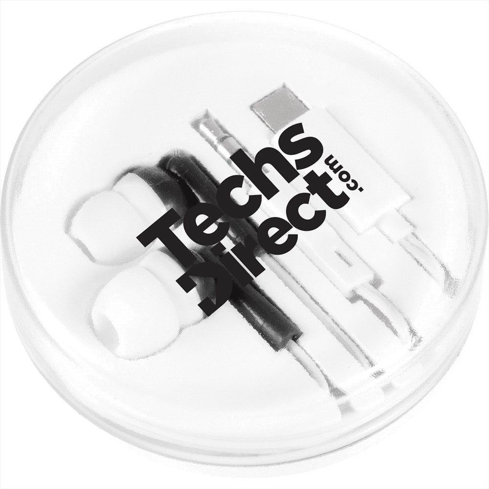 Wired earbuds with multiple tips in a clear case, featuring a black and white logo.
