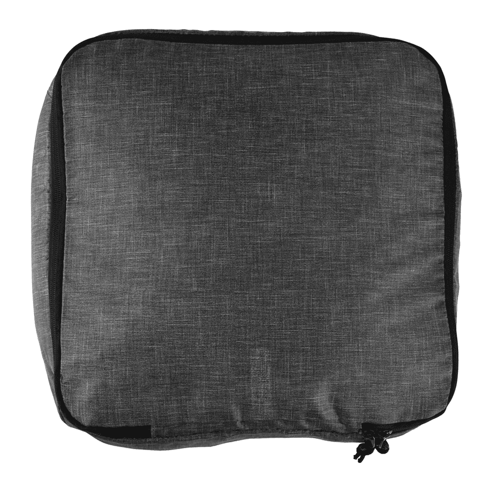 A grey recycled packing cube with a zip closure, featuring a logo on the front.
