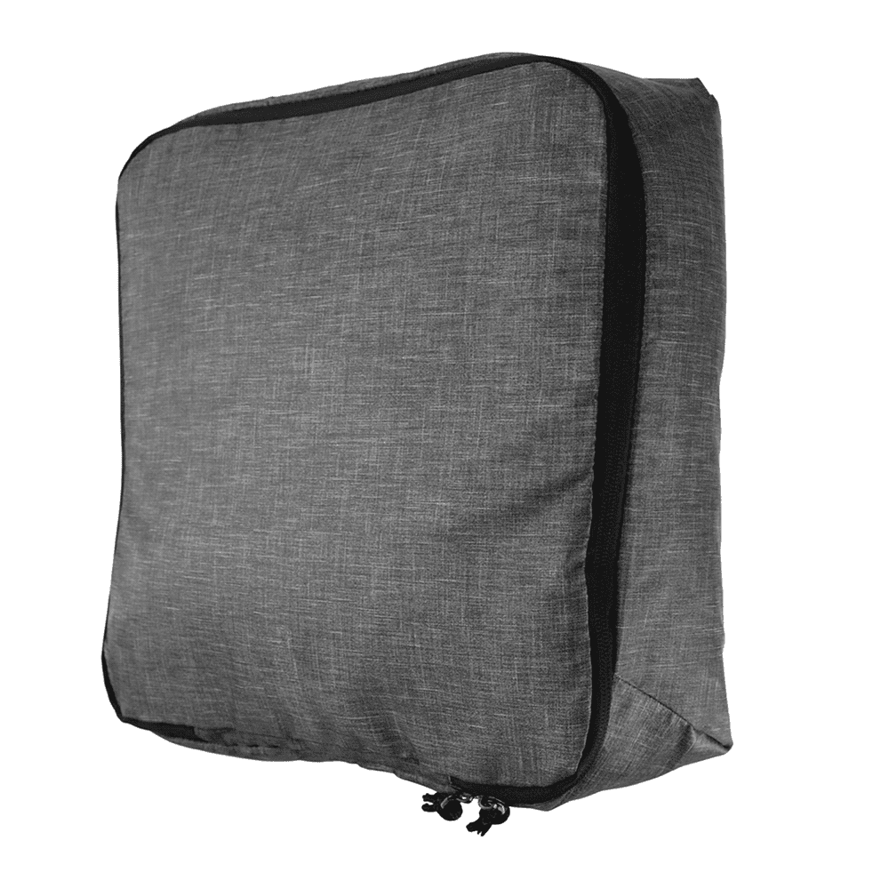 A grey packing cube with a zipper and black trim, featuring a logo. Suitable for organizing travel items.