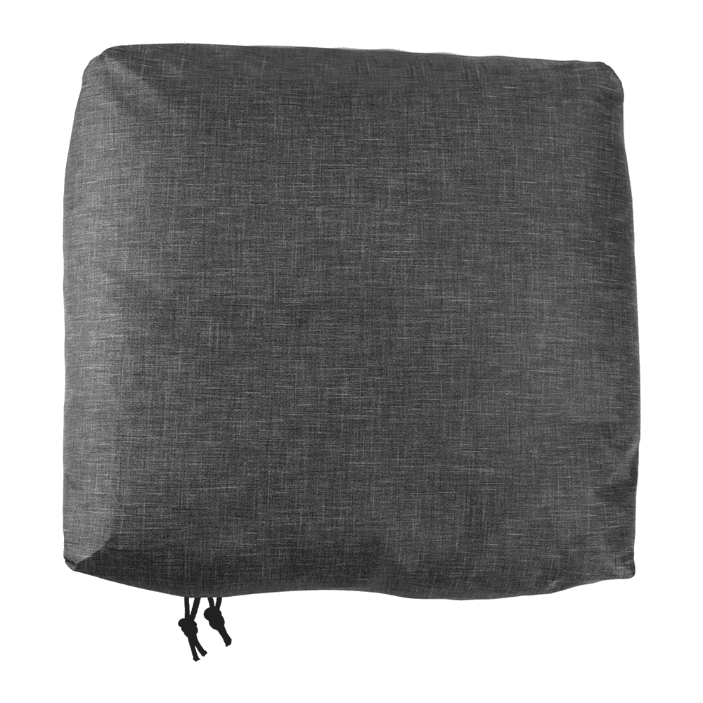 A dark grey packing cube with a textured fabric surface and drawstring closure. It features a logo on the side.