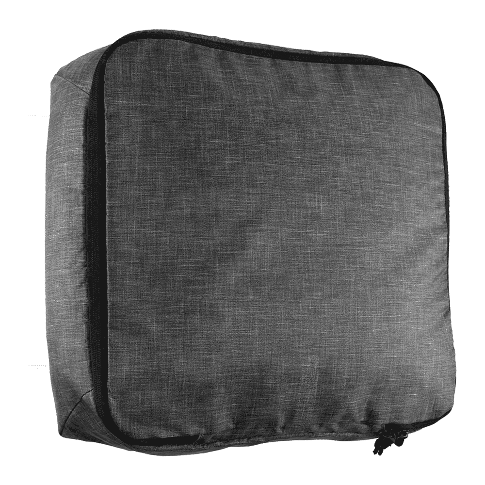 A grey packing cube with a zipper, featuring a textured fabric design and a logo on the surface.