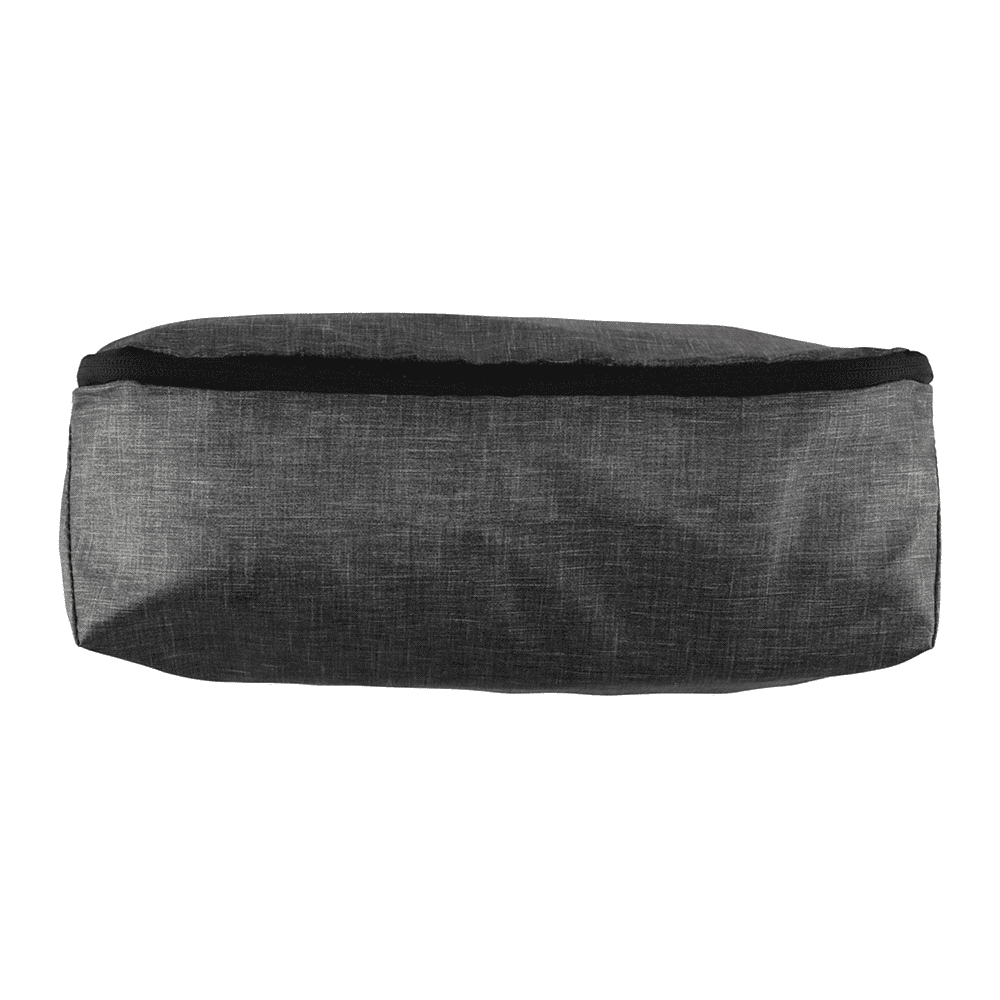 A grey packing cube with a sleek, minimalist design, featuring a black border and a logo on one side.
