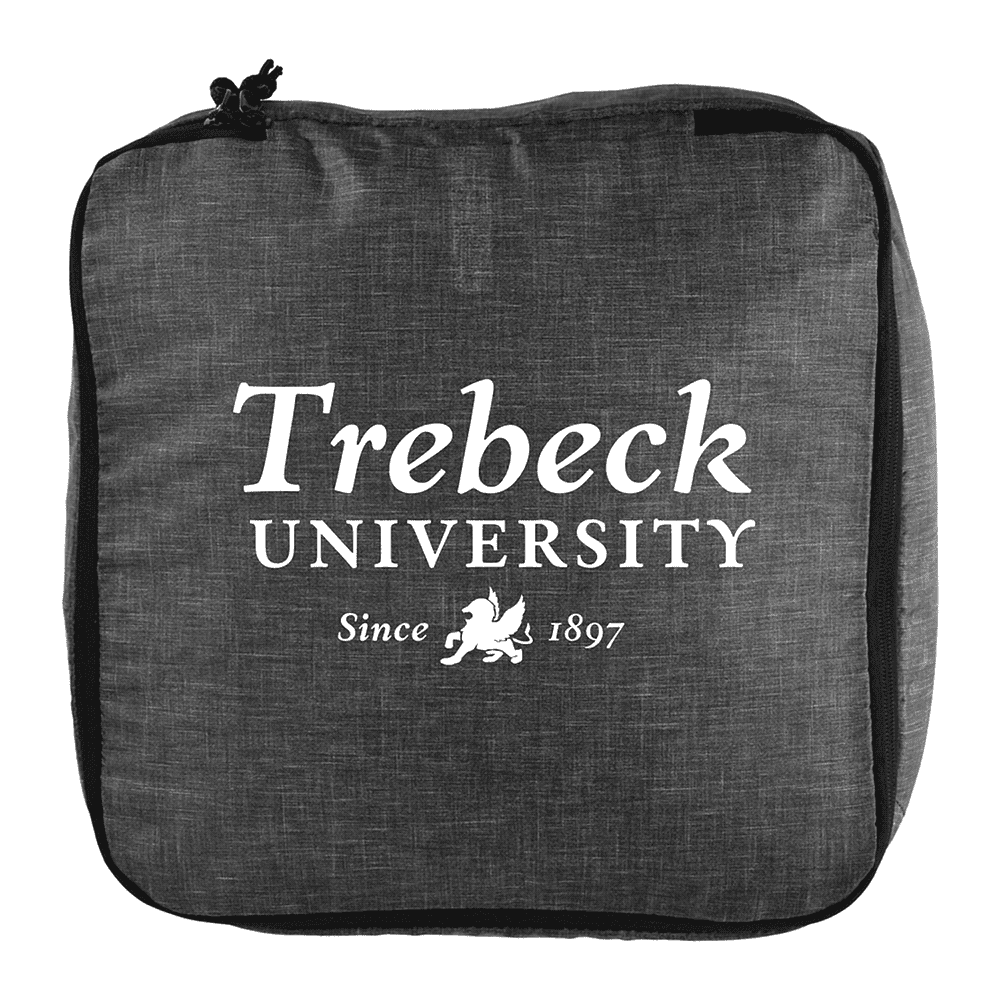 A grey packing cube with a zipper and a logo featuring text and an emblem.