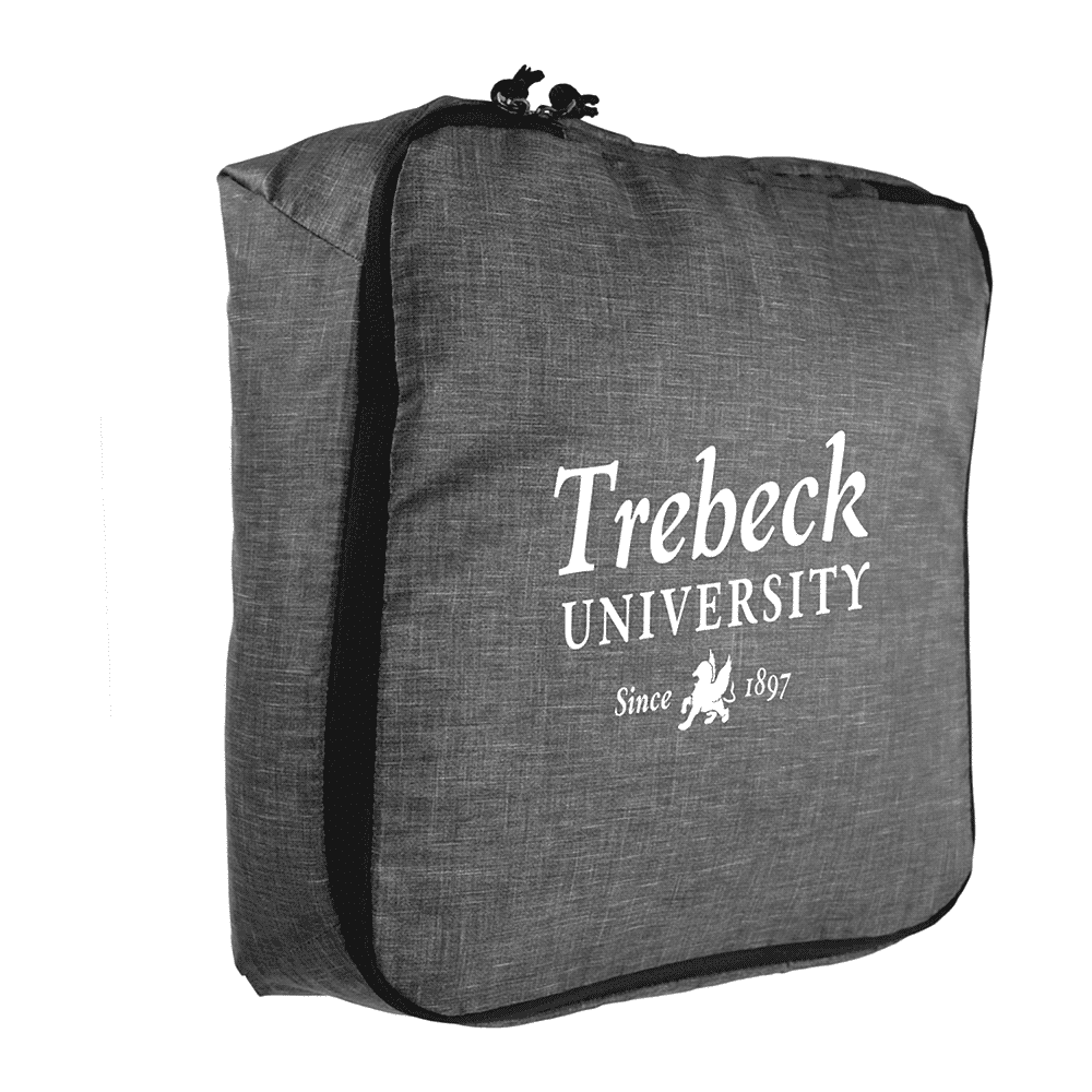 A grey packing cube with a black zipper, featuring a logo and text on one side.