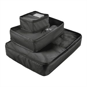 A set of three packing cubes in black, featuring a mix of smooth and mesh fabric. One cube is smaller and stacked above the others.