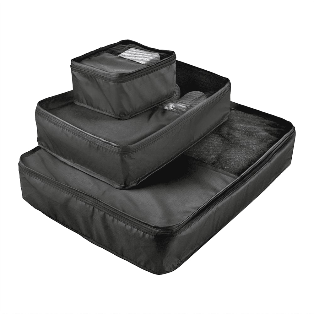 A set of three packing cubes in black, featuring a mix of smooth and mesh fabric. One cube is smaller and stacked above the others.