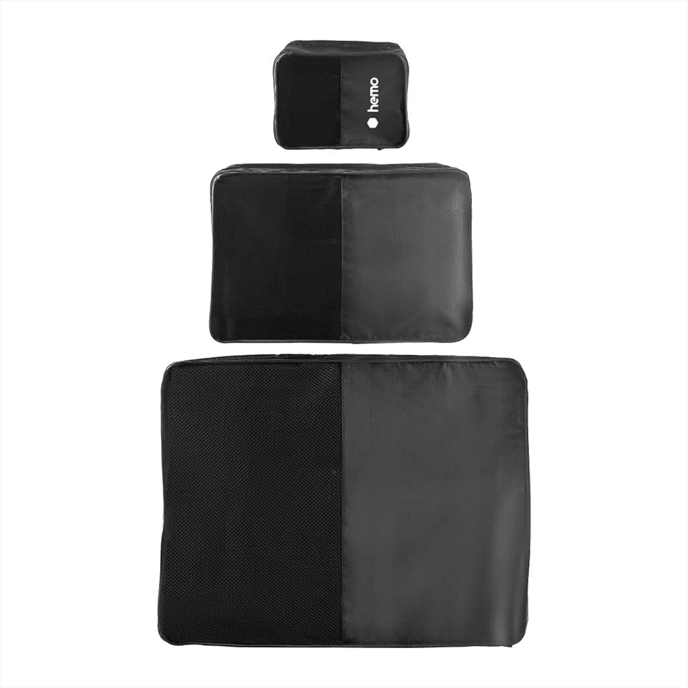 A set of three black packing cubes with mesh and solid compartments, featuring a logo on the smallest cube.