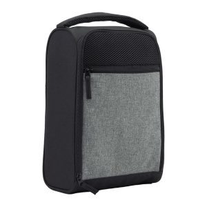 A grey travel shoe bag features a mesh top and a logo. It includes a zippered compartment and a handle.