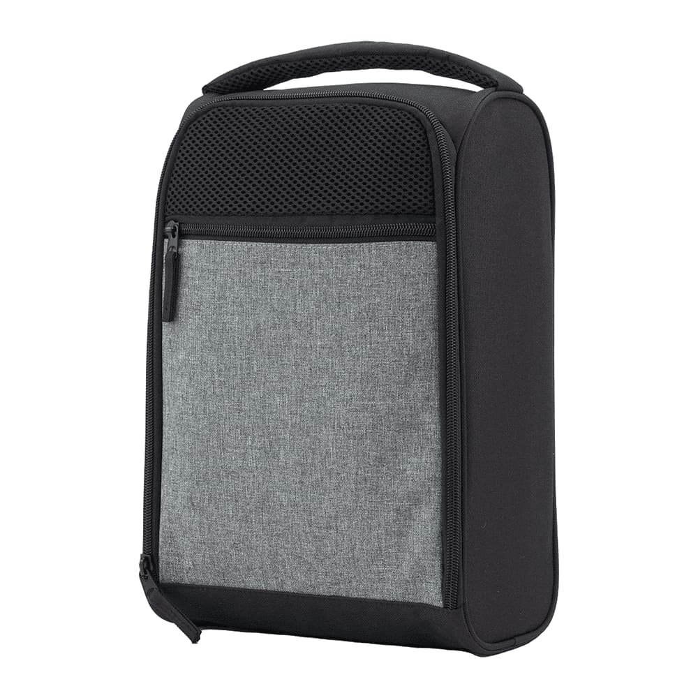 A compact black and grey travel shoe bag with a carry handle and zippered compartments. It features a mesh panel on the top.