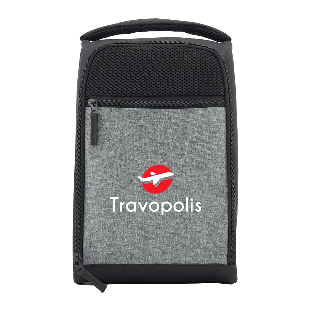 A black and grey travel shoe bag with a handle and zippered compartments, featuring a mesh pocket.