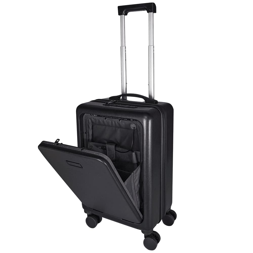 A black wheeled cabin trolley with a telescopic handle and four wheels, featuring a logo on the front.