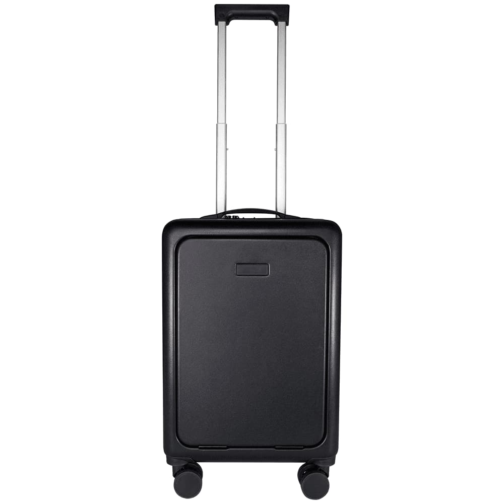 A wheeled black cabin trolley with an open lid, showcasing neatly packed clothes and a towel inside.