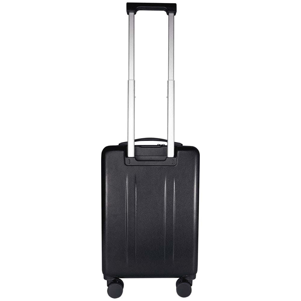 A black wheeled cabin trolley with a hard exterior, featuring a handle and two wheels for easy transport.