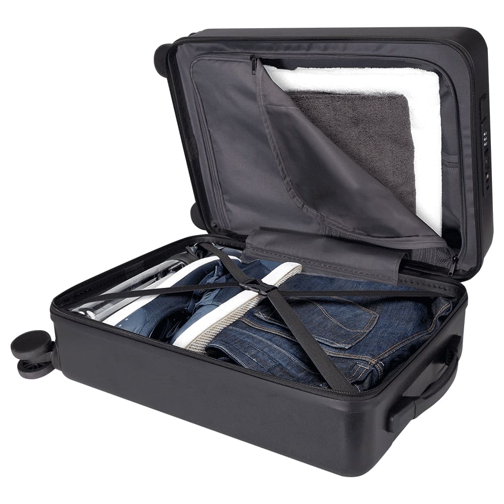 A black wheeled cabin trolley with smooth-rolling wheels and a sturdy zipper closure. It features a simple, sleek design.