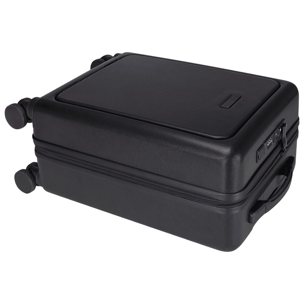 A black wheeled cabin trolley bag with a spacious interior and straps for securing items inside. Features a logo.