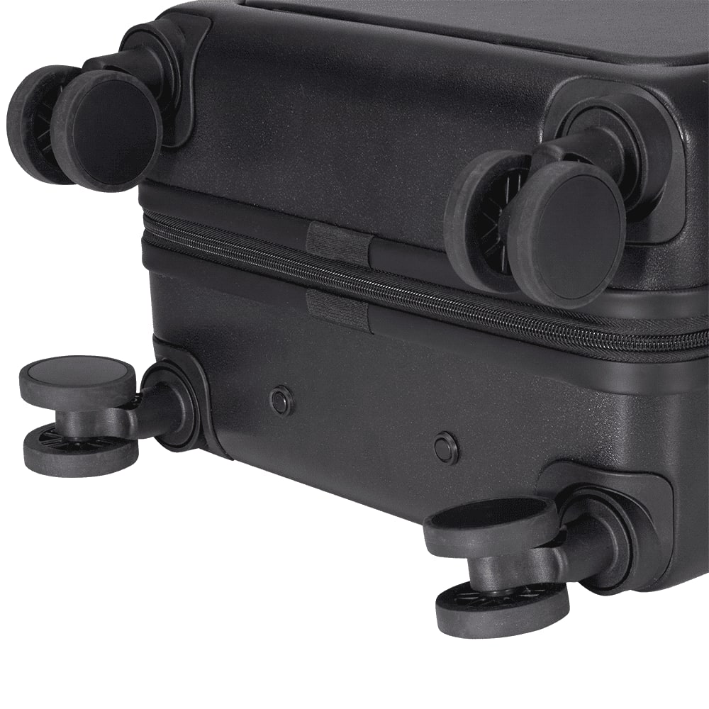 A black wheeled cabin trolley bag with a retractable handle and two wheels, featuring a logo on the front.
