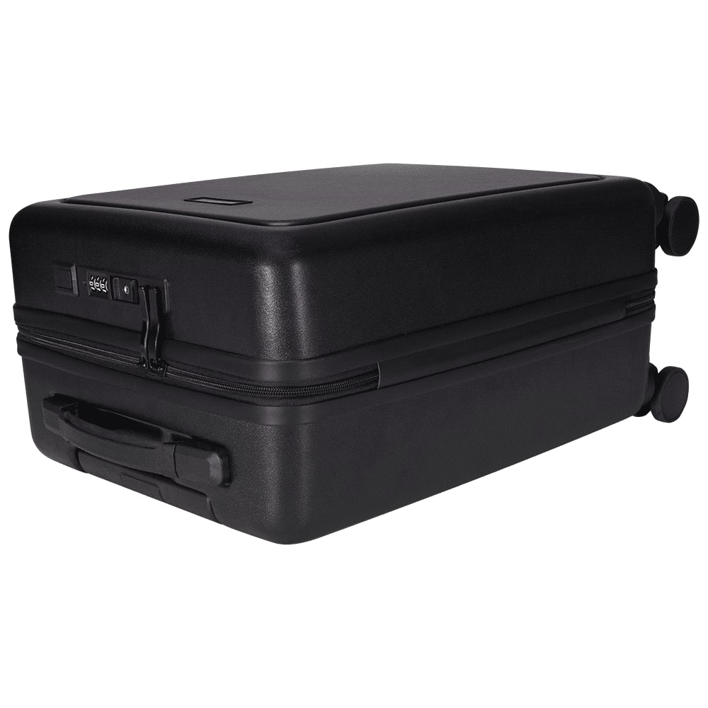 A black wheeled cabin trolley bag with an extendable handle and an open compartment displaying interior pockets.