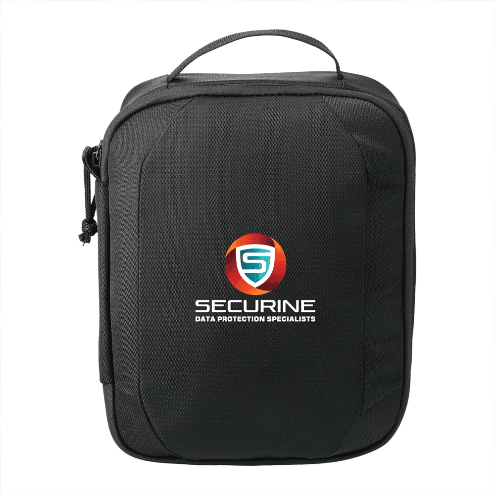 A black RPET headphone and tech case featuring mesh pockets, cables, and a padded compartment for headphones.