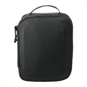 A black tech case with a handle, featuring a textured surface and a zip closure. It has a logo on the front.
