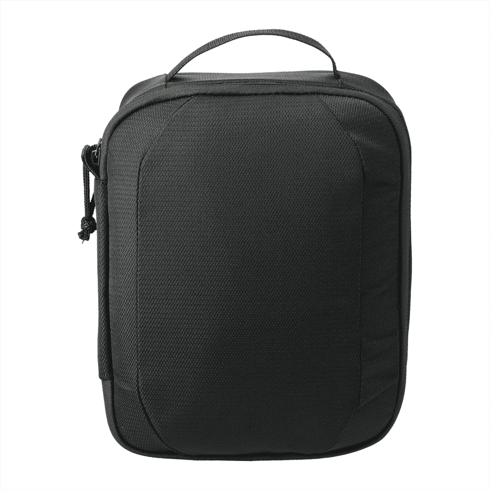 A black tech case with a handle, featuring a textured surface and a zip closure. It has a logo on the front.