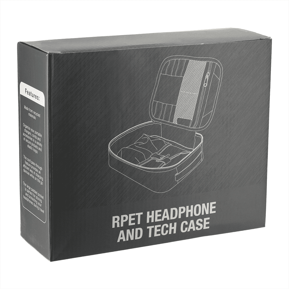 A black tech case featuring a logo, designed for storing headphones and various tech accessories.