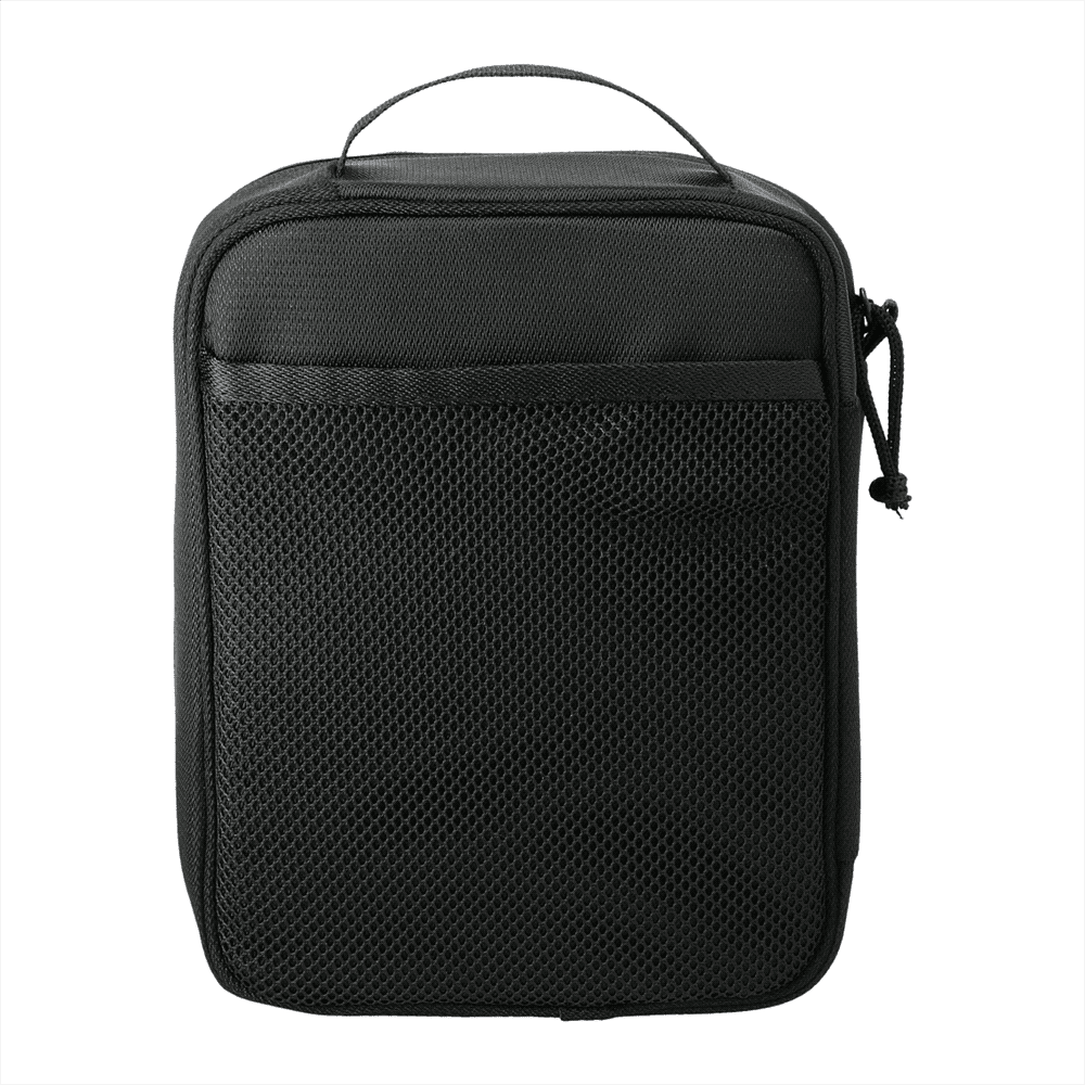 A black RPET headphone and tech case with a zip closure and a carry handle. It features a textured surface and a logo.