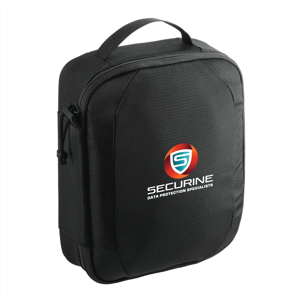 A black tech case featuring a zip closure and a top handle, with a logo on the front.