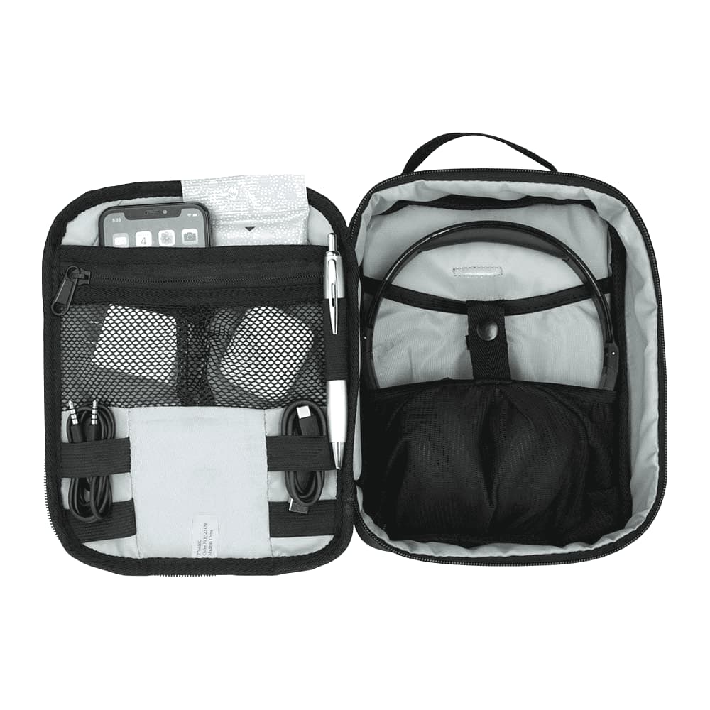 A black RPET headphone and tech case with a mesh pocket and a carrying handle. It includes a zipper closure.