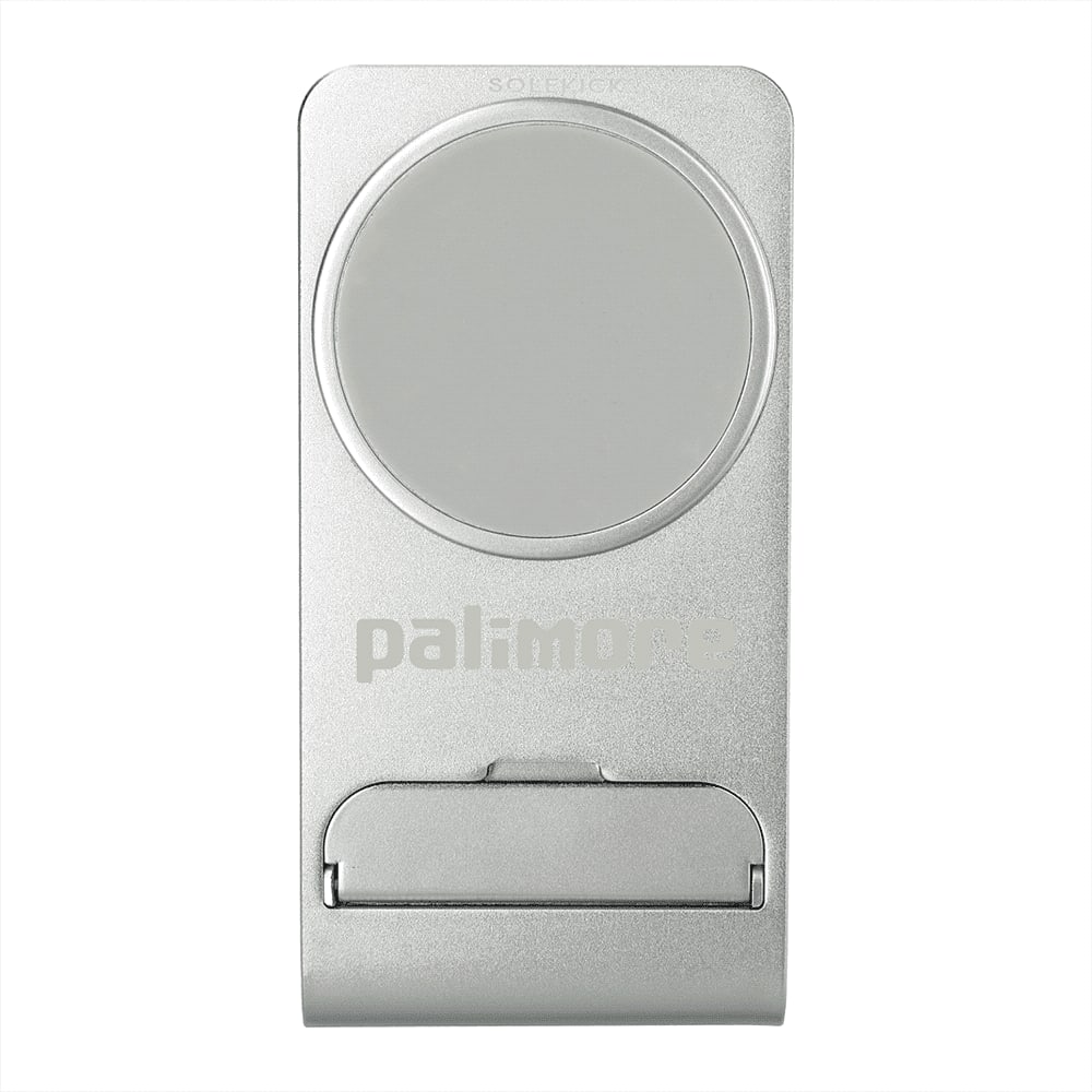 A silver wireless charging stand with a round charging pad and a logo at the bottom.