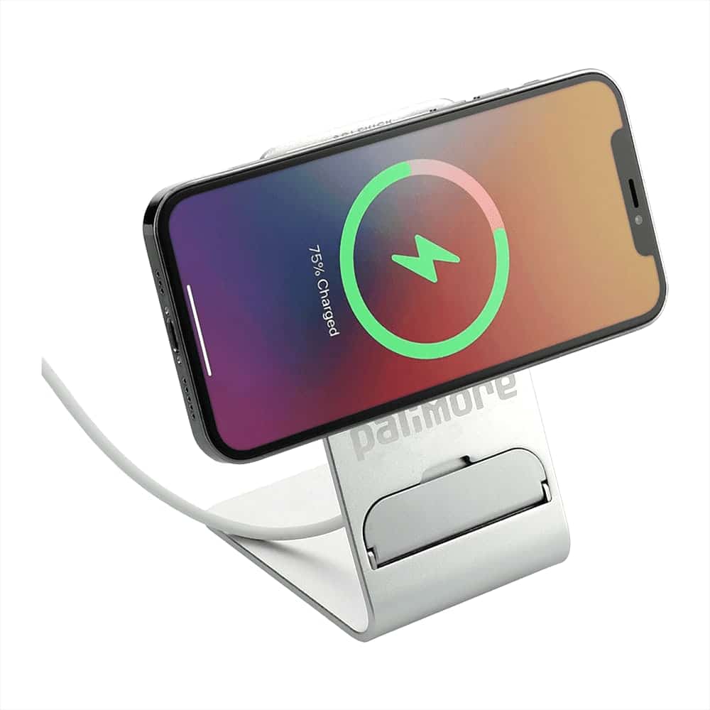 A wireless charging stand in sleek silver, holding a phone displaying a charging icon. It features a logo on the base.