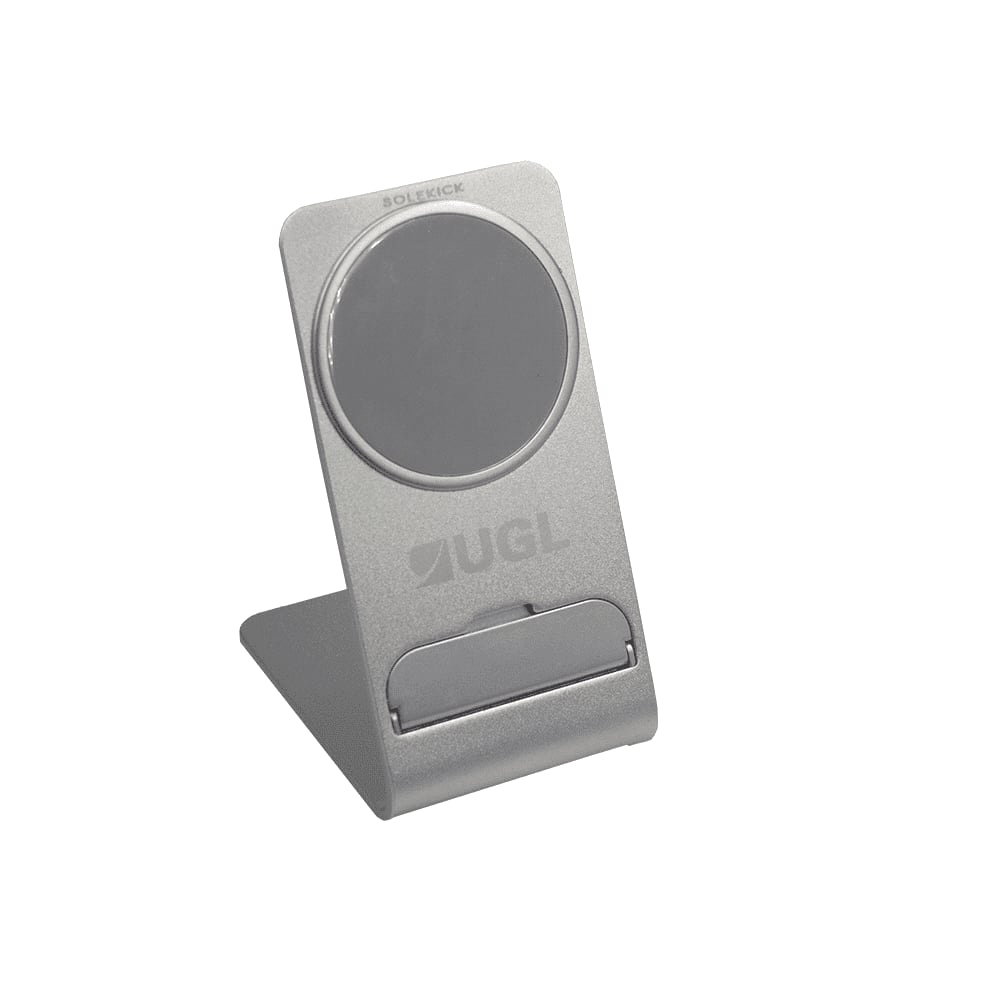 A silver wireless charging stand with a circular charging pad and a logo displayed on the base.