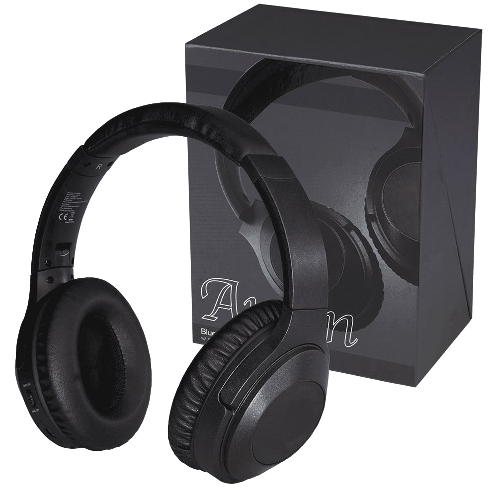 A pair of black Anton ANC headphones next to their black packaging, featuring a sleek and modern design.