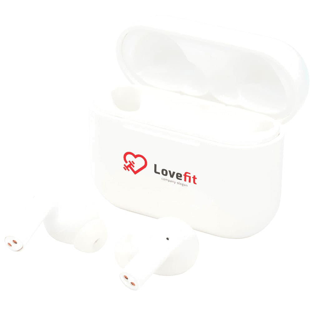 White wireless earbuds housed in a matching case, featuring a logo on the front.