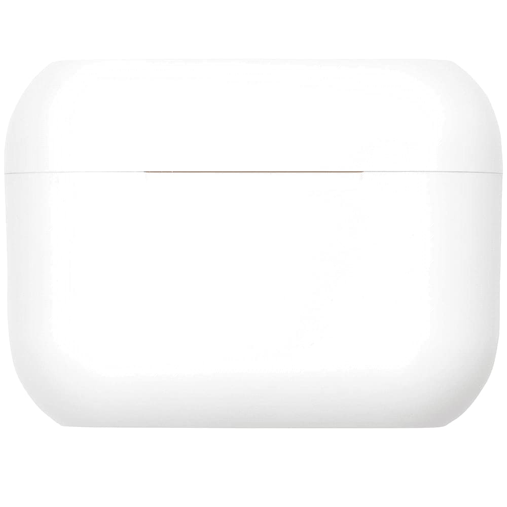 A white earbuds charging case with a sleek design and a small metallic accent. It features a branding logo.