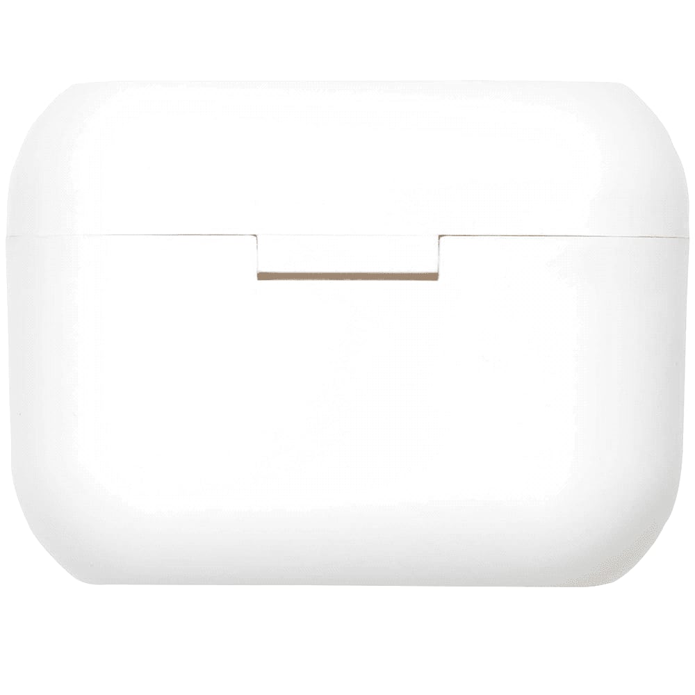 A white charging case for earbuds with a smooth finish and a minimalistic design, featuring a small opening.