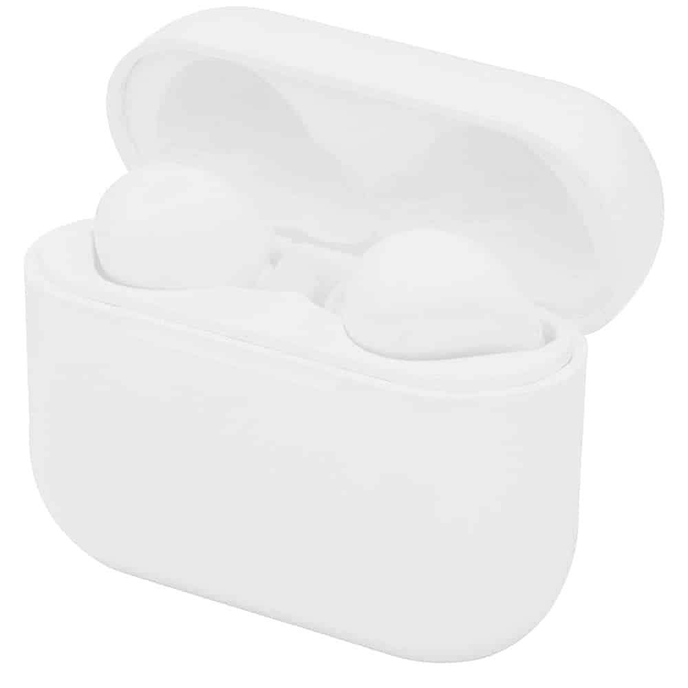 White wireless earbuds in a matching charging case, featuring a sleek design and a branding logo.