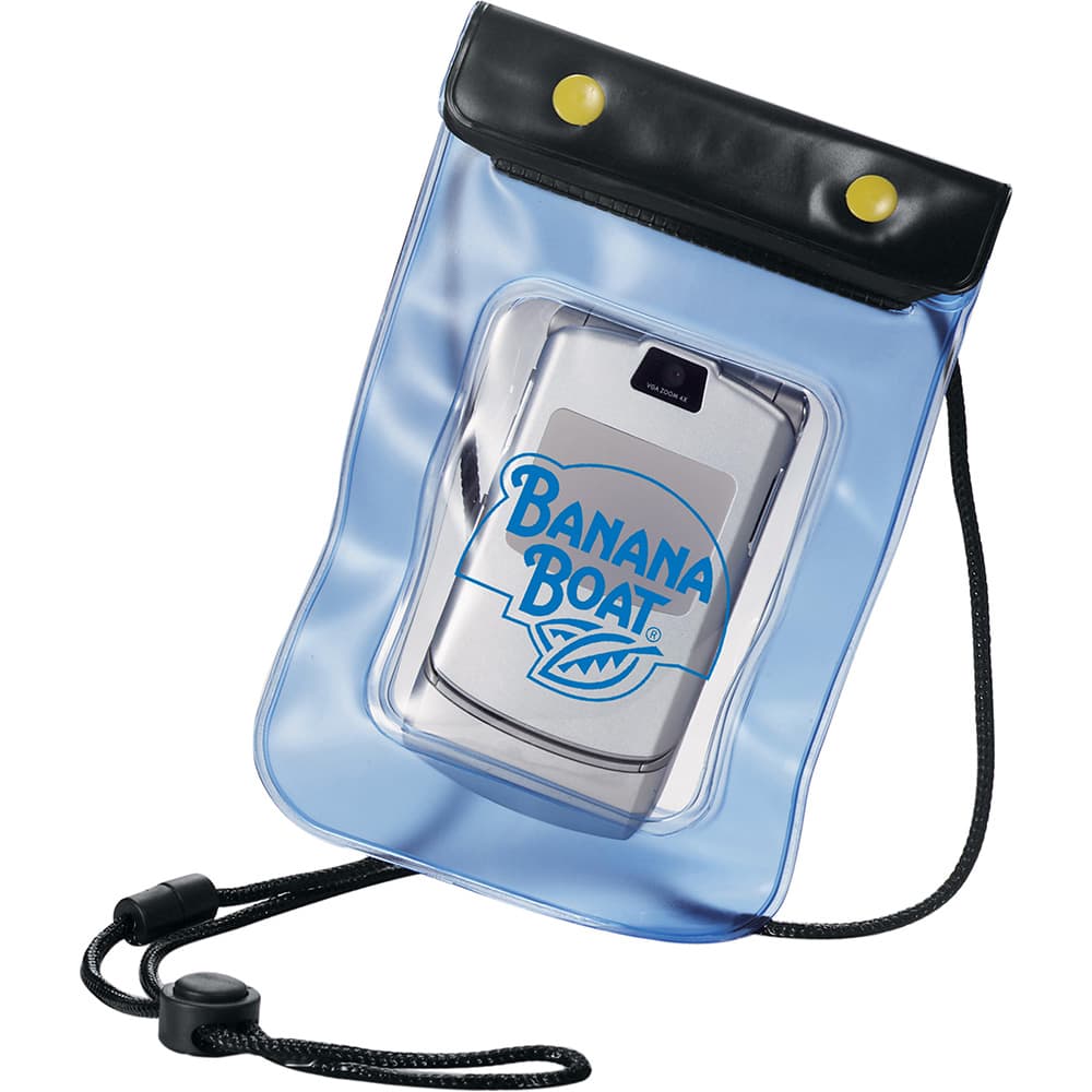 A transparent blue waterproof pouch with a black top, containing a device with a logo on it.