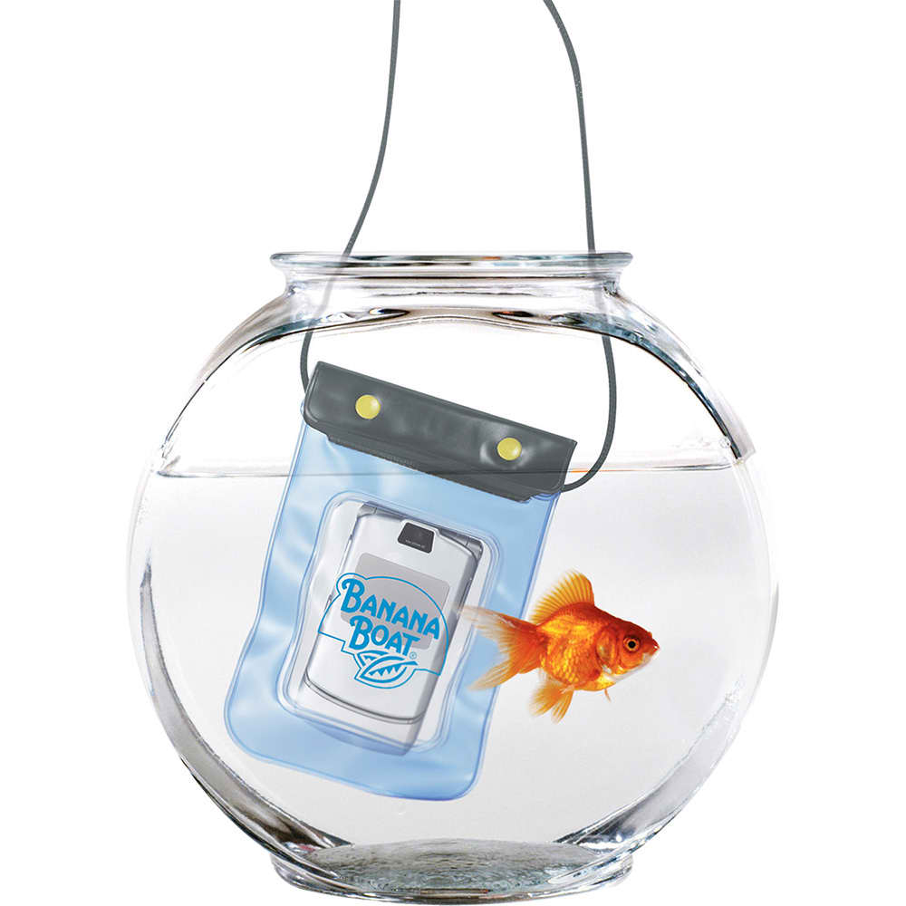 A waterproof pouch in a fishbowl, with a goldfish swimming beside it. The pouch is blue and has a logo.