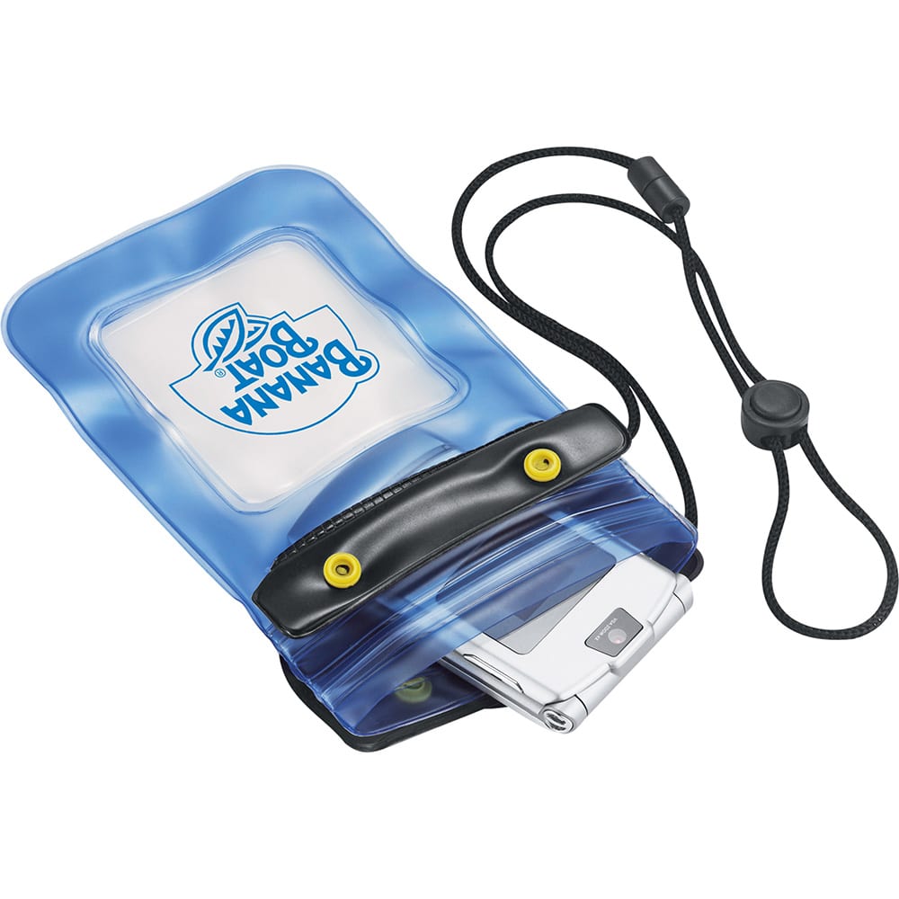 A blue waterproof pouch with a black strap, featuring a logo and a transparent window for contents.