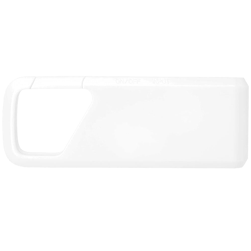 A white Bluetooth speaker with a rectangular shape and rounded edges, featuring a button interface and a branding logo.