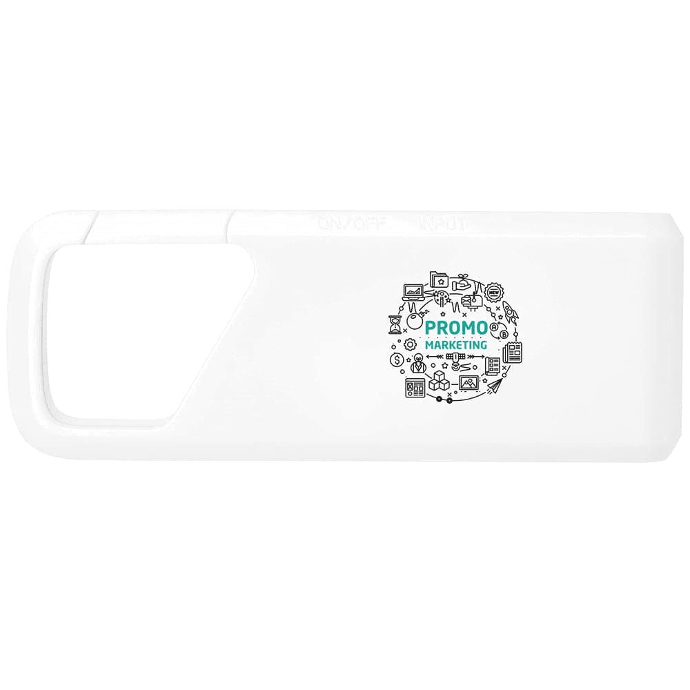 A white Bluetooth speaker with a rectangular shape and a logo featuring various technology icons.