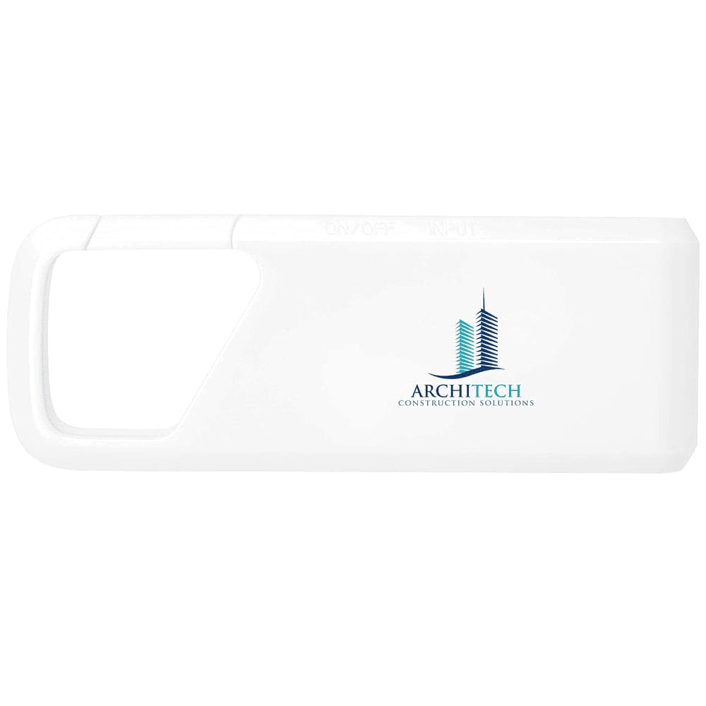 A white Bluetooth speaker with a sleek design and a logo on the surface.