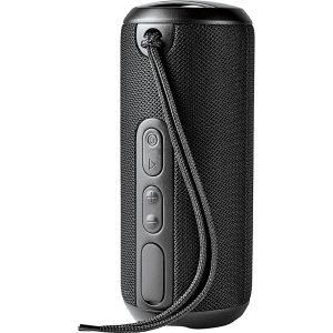 A black rugged fabric waterproof Bluetooth speaker with controls and a strap for easy carrying.