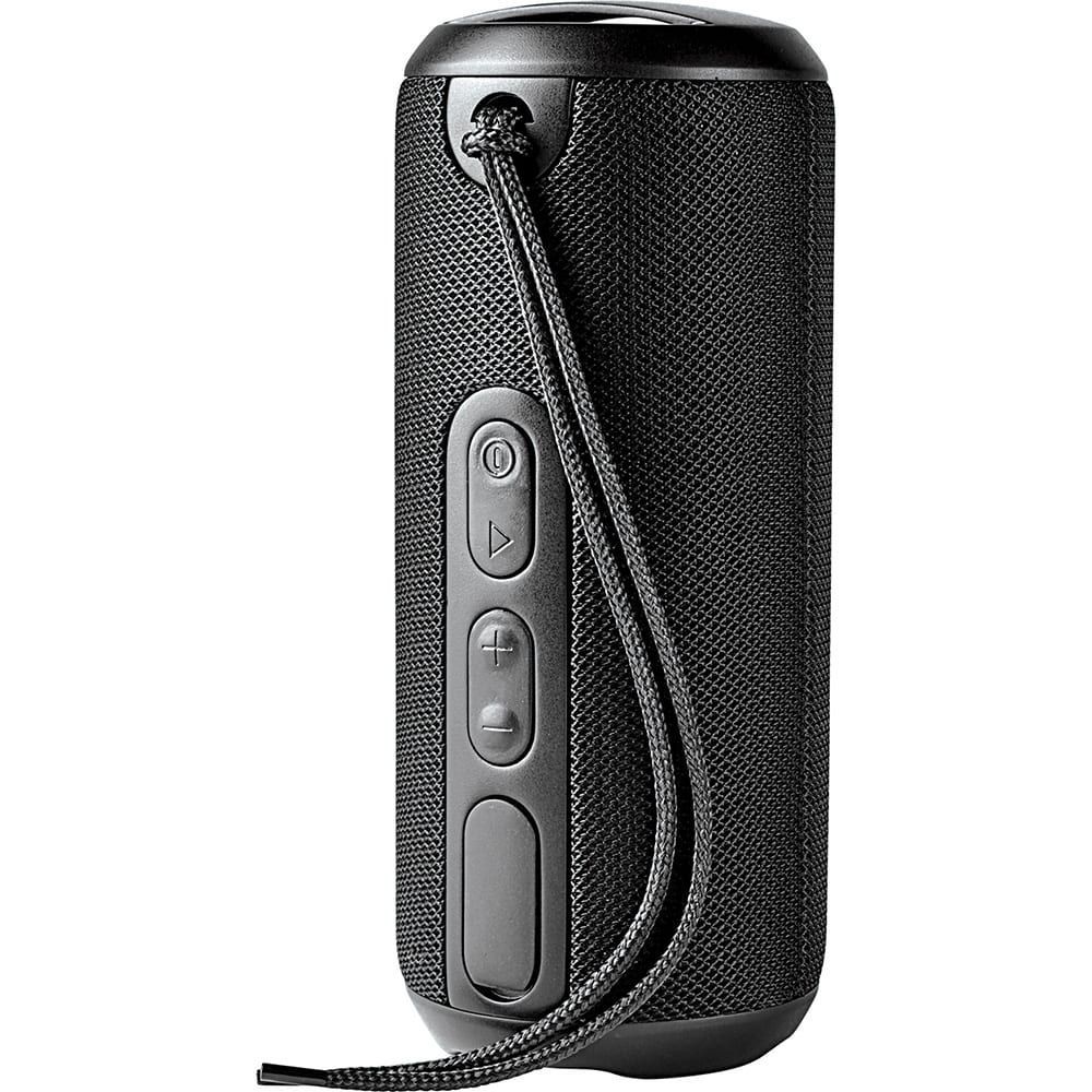 A black rugged fabric waterproof Bluetooth speaker with controls and a strap for easy carrying.