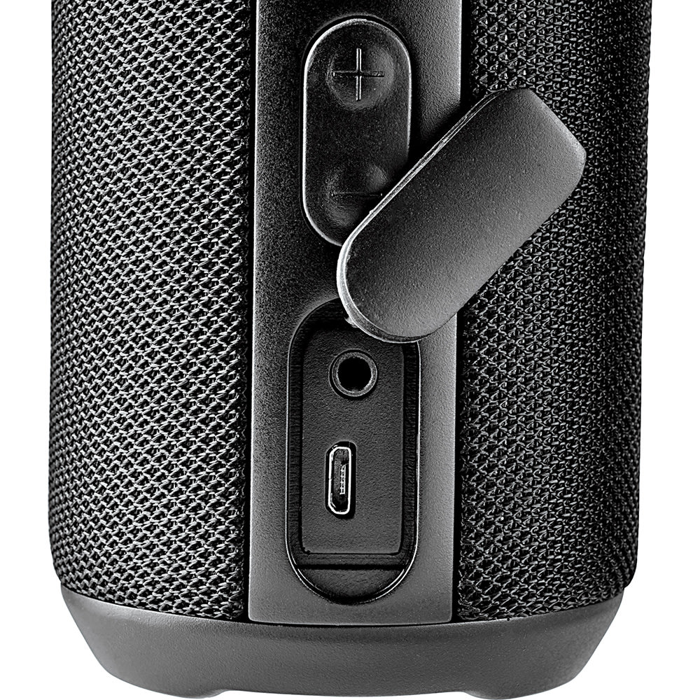 A rugged black waterproof Bluetooth speaker with control buttons and a USB-C port on the side.