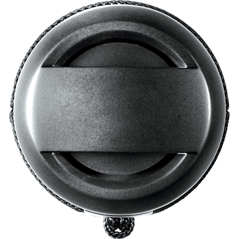 A waterproof Bluetooth speaker in black with a textured surface and a rugged design, featuring a logo.