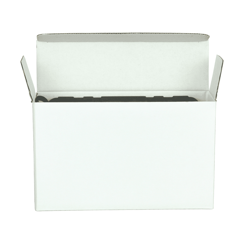 A white cardboard box with flaps open, revealing the inner compartment, but no specific contents visible.