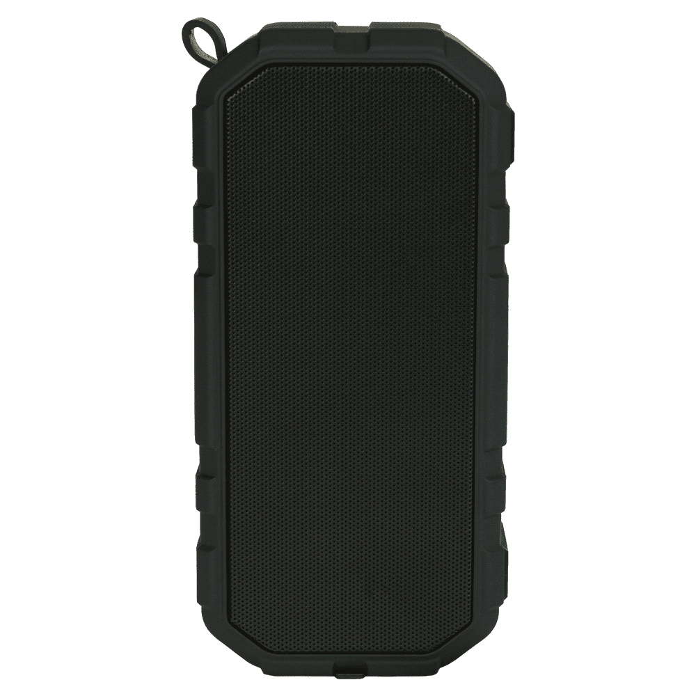 A black waterproof Bluetooth speaker with a rugged design and a logo on the front.